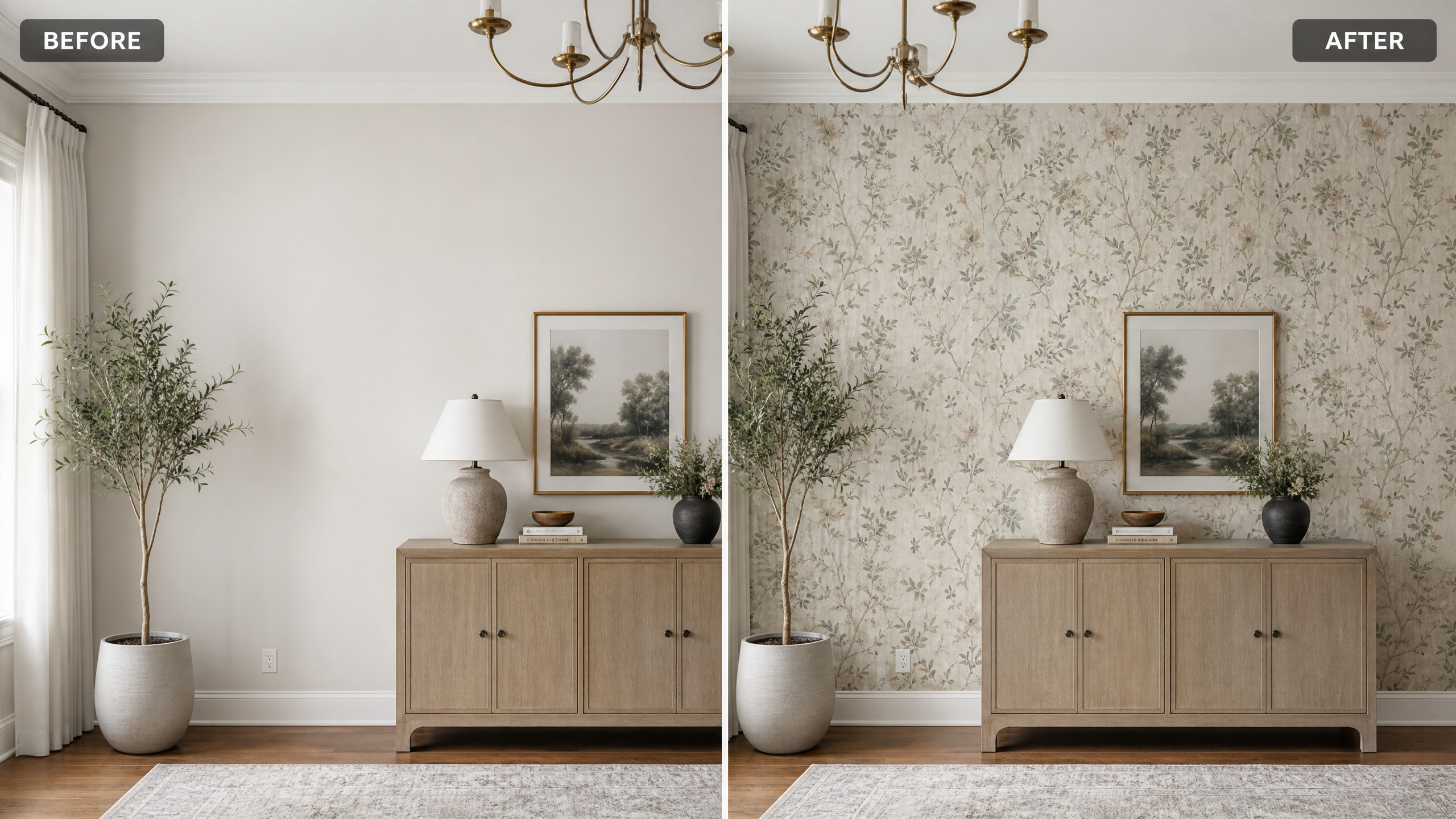 Before and after wallpaper installation